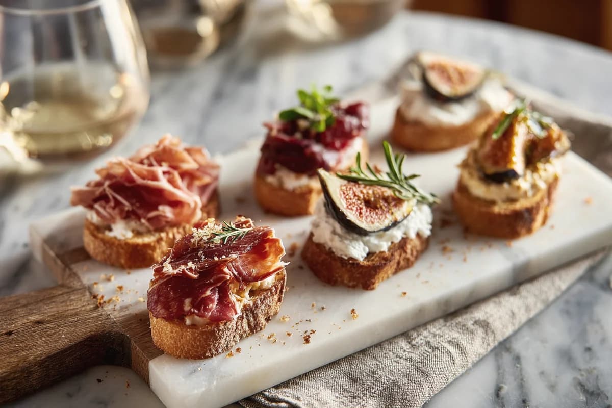 Assortiment de pintxos basques sur comptoir en marbre blanc — prosciutto, figue, chèvre