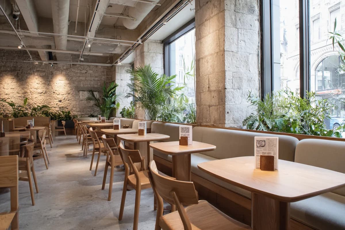 Intérieur de restaurant moderne avec QR codes sur les tables — click and collect