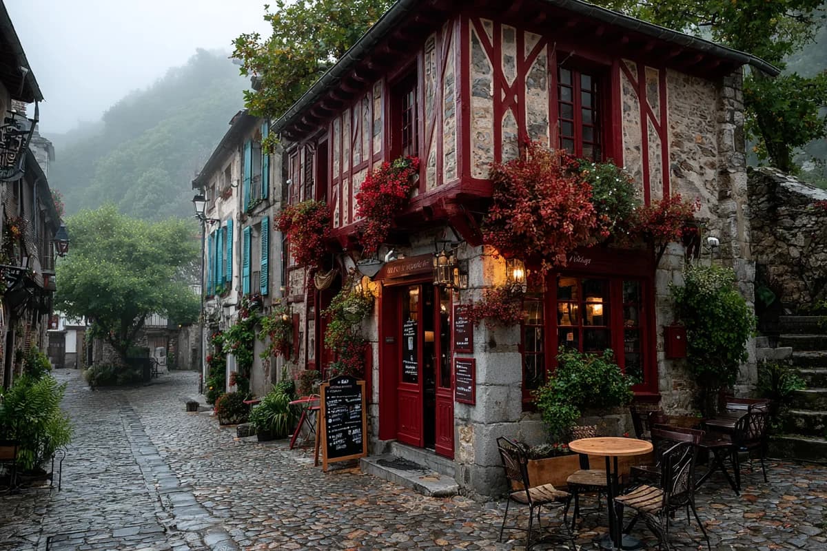 Restaurant typique du Pays Basque — maison à colombages rouges avec terrasse